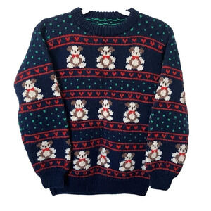 Vintage Handmade  Knit Teddy Bear Stripe Navy Blue Sweater
